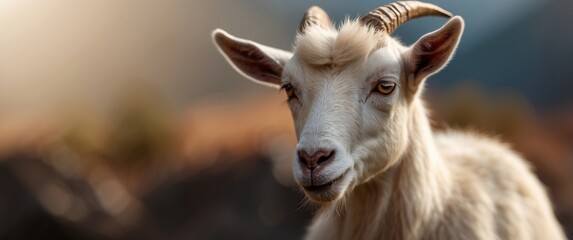 Fototapeta premium Close-up Portrait of a White Goat with a Single Horn