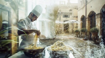 Obraz premium A chef skillfully prepares pasta outdoors, showcasing culinary expertise in a beautiful setting filled with charm and ambiance.