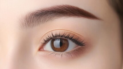Obraz premium Close-up of a female eye with long eyelashes and a defined eyebrow.