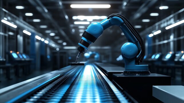 A robotic arm operates on an assembly line in a futuristic factory.