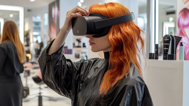 A woman with vibrant red hair experiences virtual reality while sitting in a contemporary salon, preparing for a haircut.