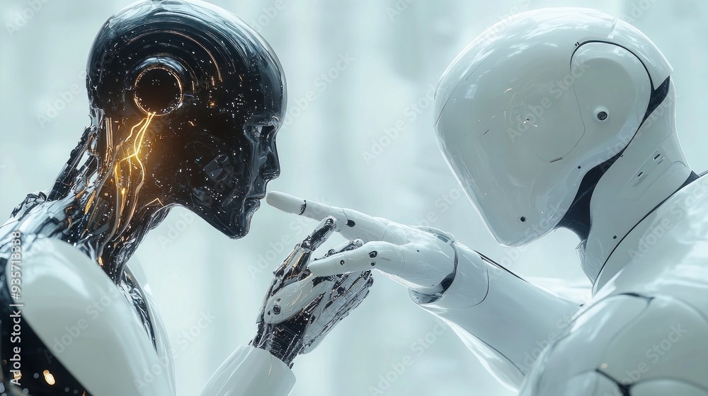 Poster two highly detailed ai entities interact gently, one reaching out to touch the other’s face, embodyi