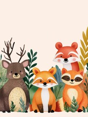 Fototapeta premium Cute woodland animals with foliage including deer, fox, and raccoon.