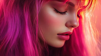 Fototapeta premium Close-up portrait of a young woman with pink hair and closed eyes in a pink and orange light.