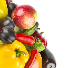 Healthy vegetables and fruit isolated on white. There is free space for text.