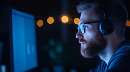 A young professional taking an online course for career development, engaging with interactive content on a computer, e-learning, online education, digital classroom, professional
