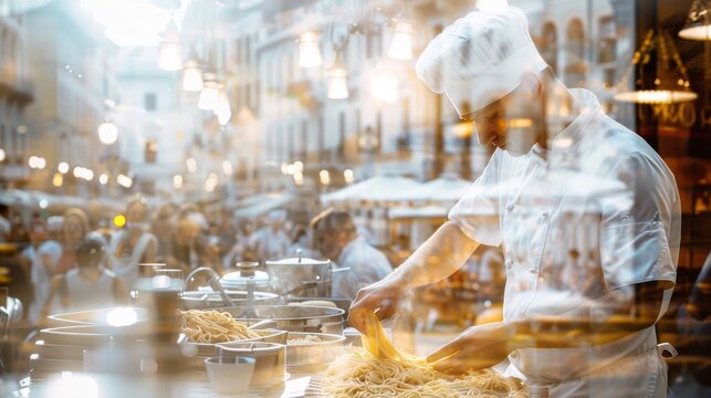 A chef prepares fresh pasta in a bustling market, showcasing culinary skills amidst lively street activity.