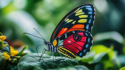 Fototapeta premium Close-up of a butterfly with vibrant wings, intricate details visible, with a blurred background focusing attention on the butterfly.