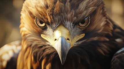 Close-up of an eagle's face, sharp eyes and detailed feathers capturing strength and determination, with a blurred background.