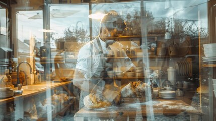 A chef prepares delicious pastries in a bright kitchen, blending skill and artistry in a vibrant culinary environment.