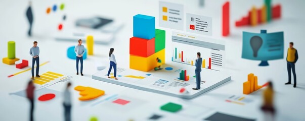 Abstract business concept with colorful blocks, charts, and miniature figures.