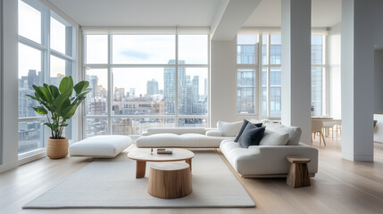 Fototapeta premium A stylish urban loft with an open floor plan, minimalist furniture, and large windows offering city views, urban lifestyle, minimalism, home decor, loft living, modern design
