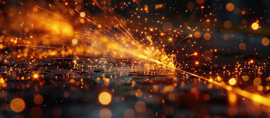 Obraz premium Close up of CNC LPG cutting with sparks. Copy space image. Place for adding text and design