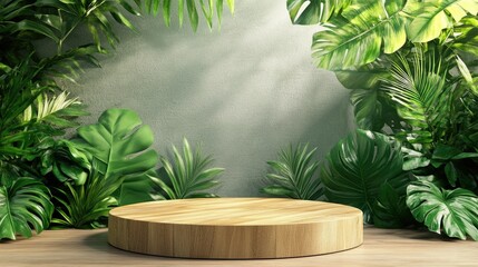 Elevated wooden podium amidst vibrant green foliage, set against a clean background, ideal for product staging.