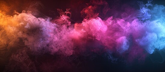 Fototapeta premium Colorful smoke Misty cloud Spiritual energy Neon pink blue and orange light steam flowing against a dark black copyspace abstract background