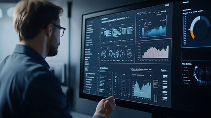 Fototapeta premium Man Analyzing Data on a Large Monitor