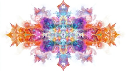 Colorful fractal geometric designs in perfect symmetry, intricate and set against a white background