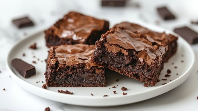 Freshly baked brownies on a white plate, with melted chocolate and crumbs adding to the visual appeal.