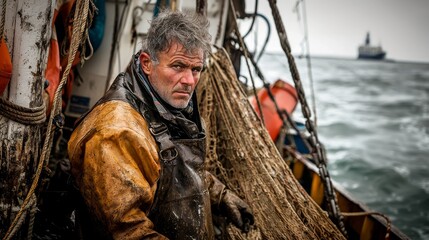 Obraz premium Seasoned Fishermen: Hauling Nets at Sea in Rugged Gear, Early Morning Light