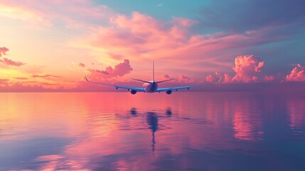 Airplane flying over the ocean at sunset.  The sky is a beautiful pink and orange, and the reflection of the sun is visible in the water.
