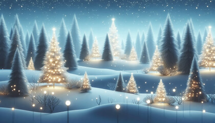 Obraz premium Christmas winter landscape with snow, trees and lights