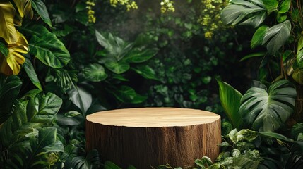 Natural wooden podium for product display, surrounded by green foliage, creating an earthy and organic presentation setting.