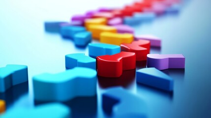 Colorful abstract shapes arranged in a line on a blue background.  The red shape stands out in the middle of the line.