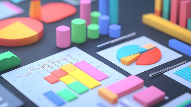 Colorful 3D charts and graphs on a desk, representing data analysis and business growth.