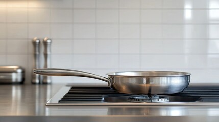 Shiny stainless steel pan on a minimalist stove, with a clean kitchen backdrop, reflecting light in a modern setting.
