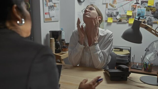 Two women engage in a serious conversation within a cluttered investigation office, implied by the presence of evidence photos and a detective's desk.