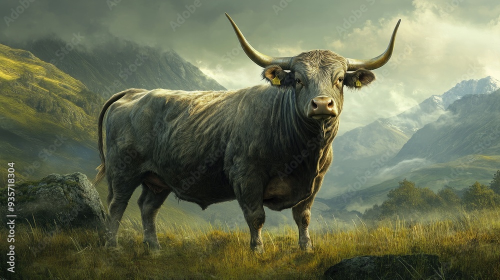 Wall mural sturdy bull standing in a green pasture, with detailed horns and muscles visible, set against a slig