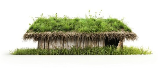 Fototapeta premium The old grass roof on a white background. Copy space image. Place for adding text and design