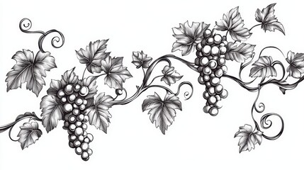 Floral grapevine ornament with thick line pattern featuring editable stroke, showcasing grape branches and leaves in vector format.