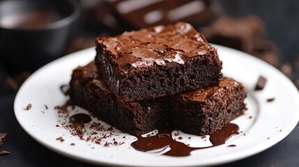 Warm, gooey brownies on a white plate, with chocolate crumbs melting and flowing, creating an irresistible visual.