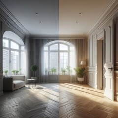 Fototapeta premium apartment renovation - empty room before and after refurbishment or restoration 