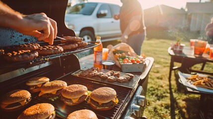 Sizzling barbecue during sunset with juicy burgers, sausages, and a festive outdoor gathering.
