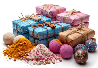 a group of wrapped presents with colourful balls and colour 

