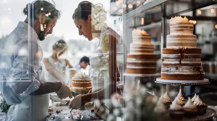 Obraz premium Elegant couple serving wedding cake in a stylish bakery, showcasing beautiful multi-tiered cakes with delicate decorations.