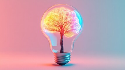 Glowing brain-shaped neon glass bulb with electric tree inside, on a clean white background, representing modern science and innovation