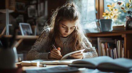 A girl is sitting at a desk with a book in front of her