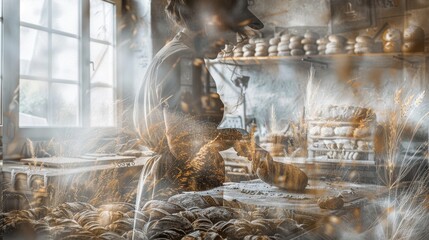Artisan baker working in a rustic bakery surrounded by freshly made bread and pastries, creating a warm and inviting atmosphere.