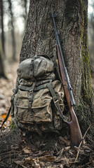 A backpack and a rifle are leaning against a tree trunk