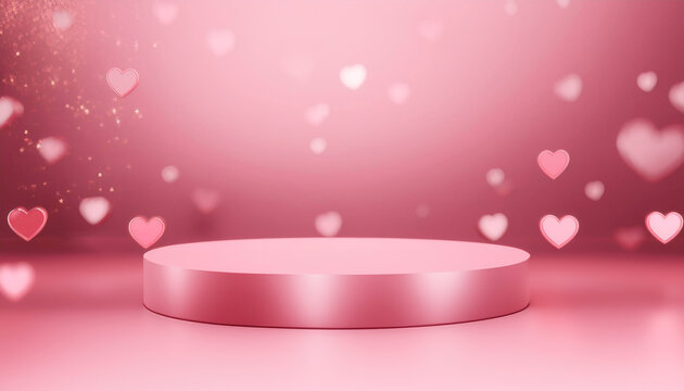 Pink Podium Background for product symbols of love, valentines day 3d. Valentines Day Pink Podium With Hearts With Gradient Mesh