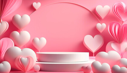 Pink Podium Background for product symbols of love, valentines day 3d. Valentines Day Pink Podium With Hearts With Gradient Mesh