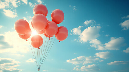 colorful balloons floats against a clear blue sky, illuminated by the sun's rays shining through them. The scene captures a sense of joy, freedom, and the lightness of being