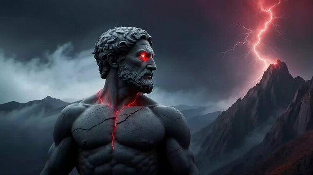 Ancient Greek sculpture, stoic, muscular Greek man against the backdrop of mountains