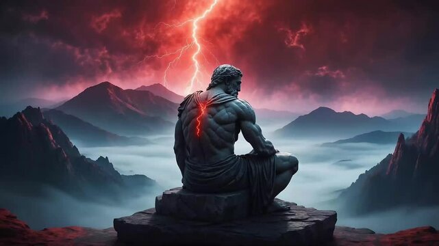 Ancient Greek sculpture, stoic, muscular Greek man against the backdrop of mountains