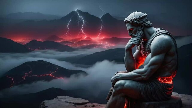 Ancient Greek sculpture, stoic, muscular Greek man against the backdrop of mountains
