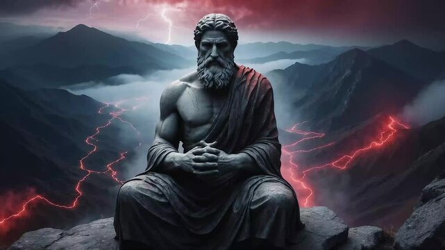 Ancient Greek sculpture, stoic, muscular Greek man against the backdrop of mountains