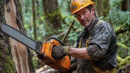 Fototapeta premium Experienced Forestry Worker Operating Chainsaw for Sustainable Logging in Dense Forest
